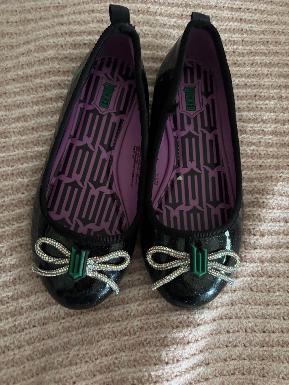 Wicked Kids Black Glitter Ballet Flats with Green Accent Bow